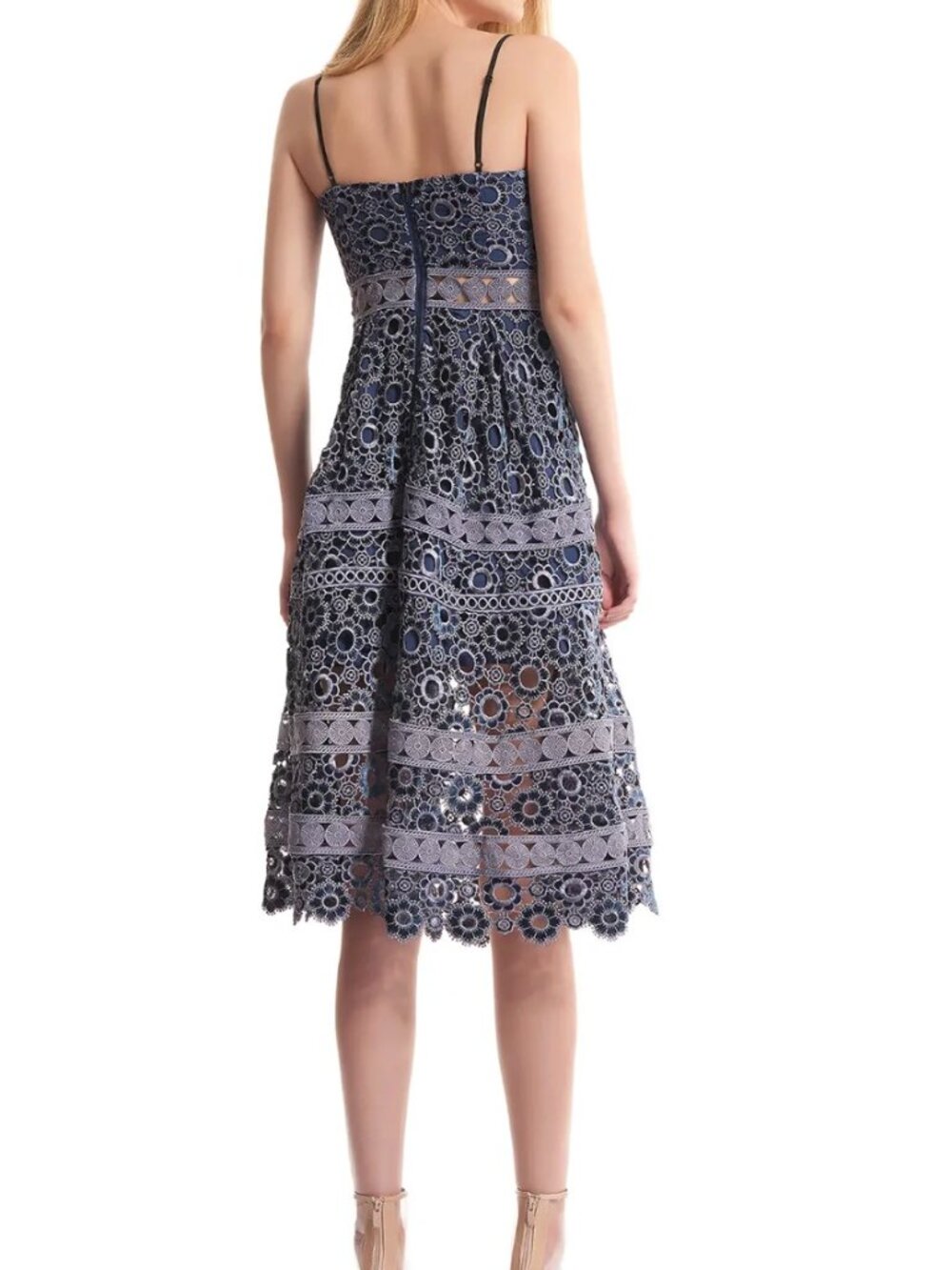Self-Portrait Azaelea Floral Embroidery Cut-Out Midi Strap Dress in Navy Sz 4 - Picture 2 of 15